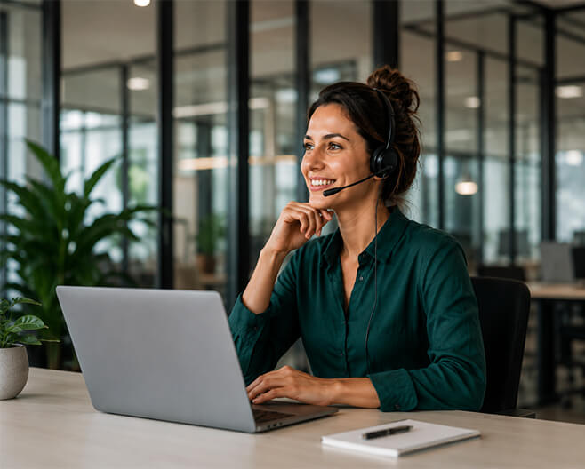 Klantcontactmedewerker met headset achter laptop